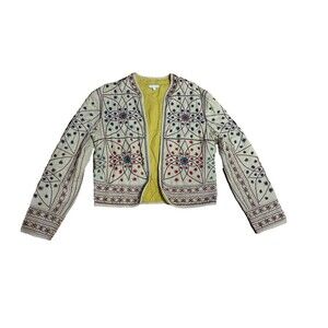 Star Mela Anouk Embroidered Jacket M Ecru Boho Quilted Cotton Open Front Crop